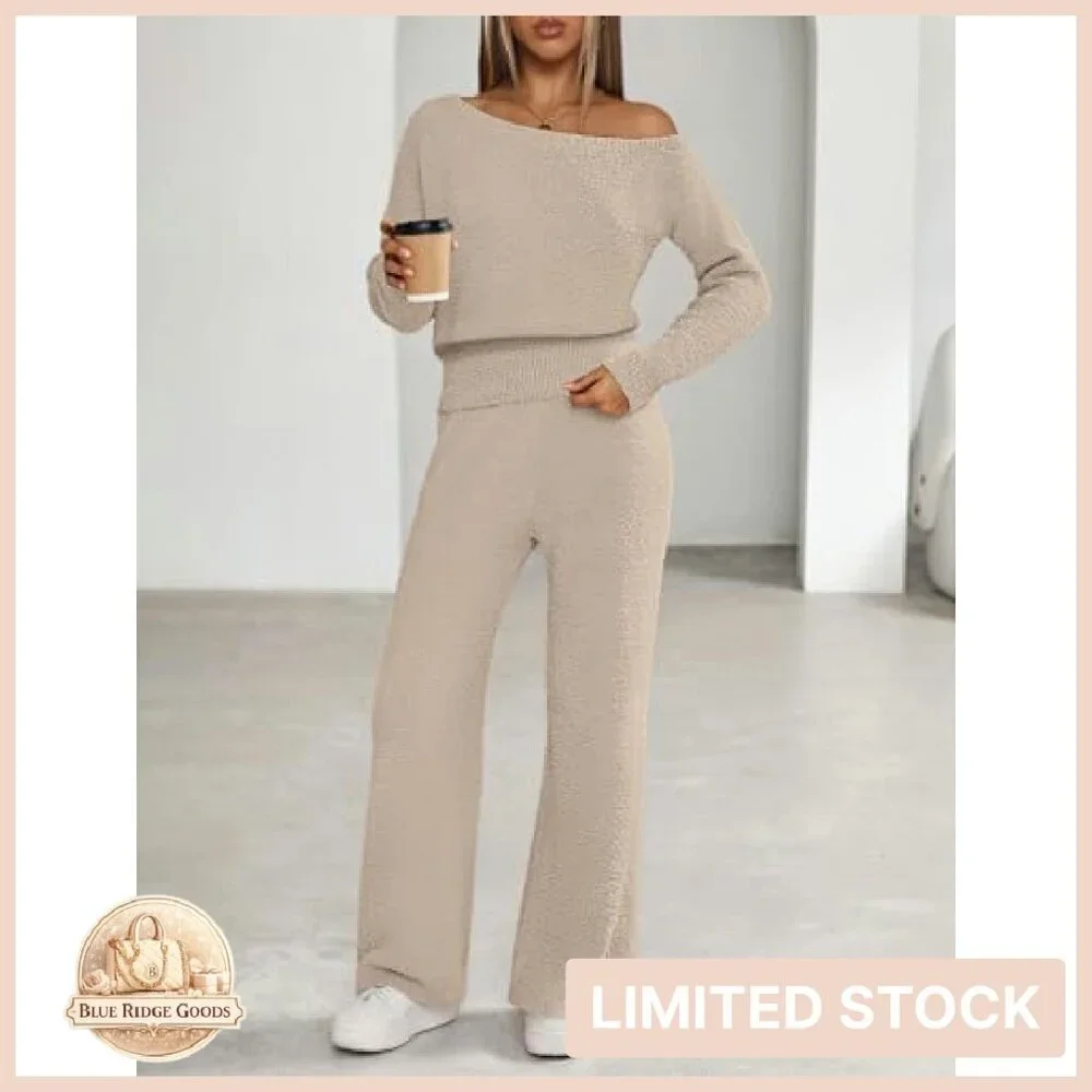 Fuzzy Fleece Off Shoulder Pajama Set Chic Loungewear Wide Leg Pants